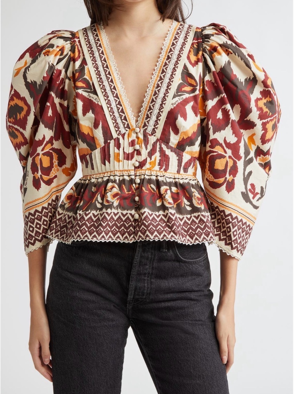 FARM Rio Toucans Scarf Cream Puff Sleeve Blouse